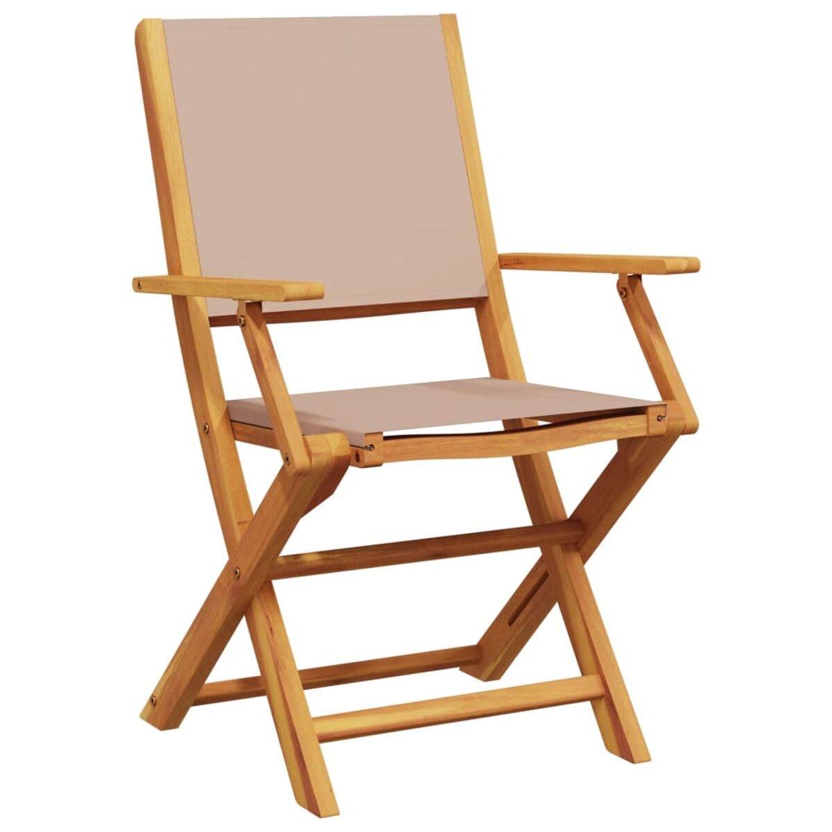 Klappstuhl aus Holz mit beigem Sitz und Rücken, offen, isoliert.