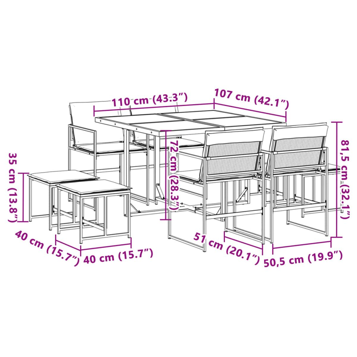 Set da pranzo per esterni: tavolo, sedie e due tavolini. Il tavolo ha dimensioni in cm e pollici.