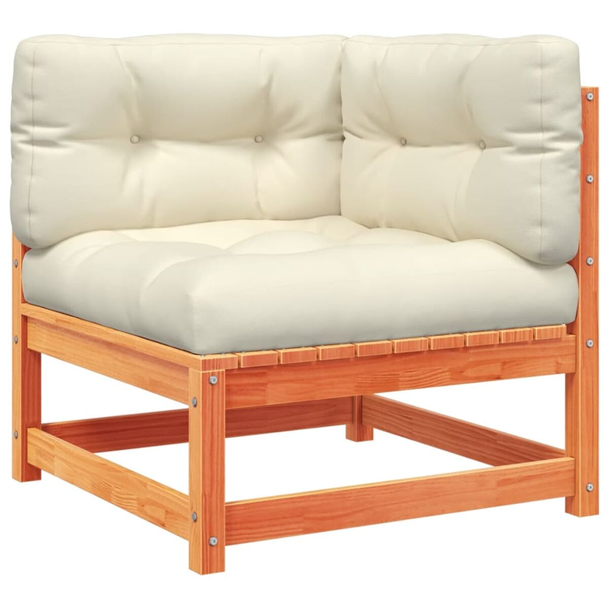 Ecksofa mit Holzrahmen und hellen cremefarbenen Kissen.