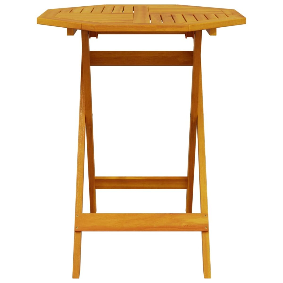 Ein achteckiger Holztisch mit Klappfunktion und hellfarbenem Holz, der allein steht.