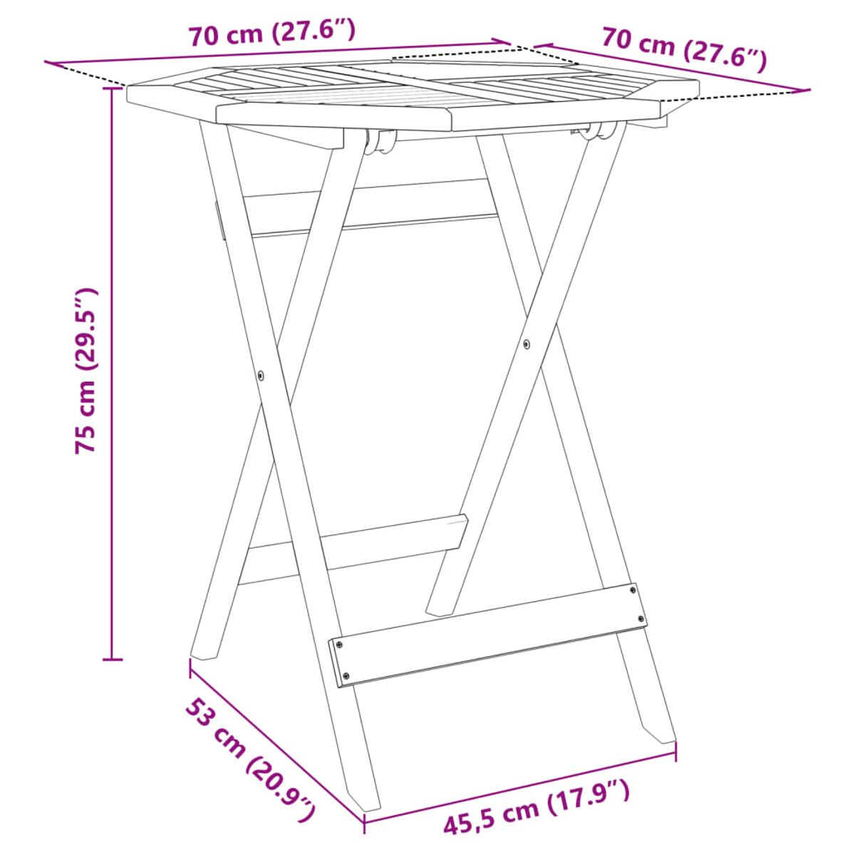 Klappbarer Holztisch mit quadratischer Oberseite. Hat ein X-förmiges Gestell.