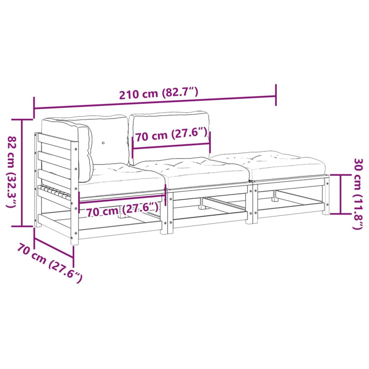 Holzsofa mit cremefarbenen Kissen, Abmessungen sind angegeben, mit passendem Fußhocker.