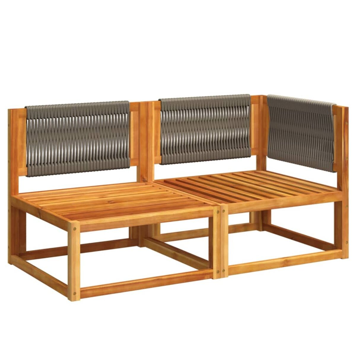 Outdoor-Sofa aus Holz mit Rückenlehne aus geflochtenem Seil. Das Holz ist hellbraun.