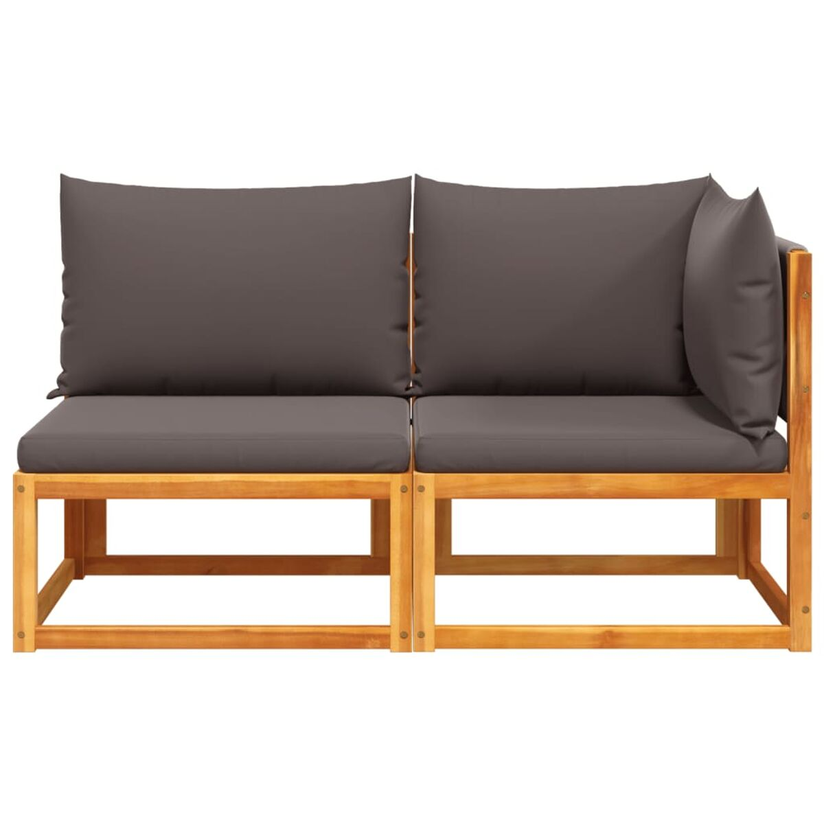 Zweisitziges Holzsofa mit dunkelgrauen Kissen. Einfaches Design, Naturholzrahmen.