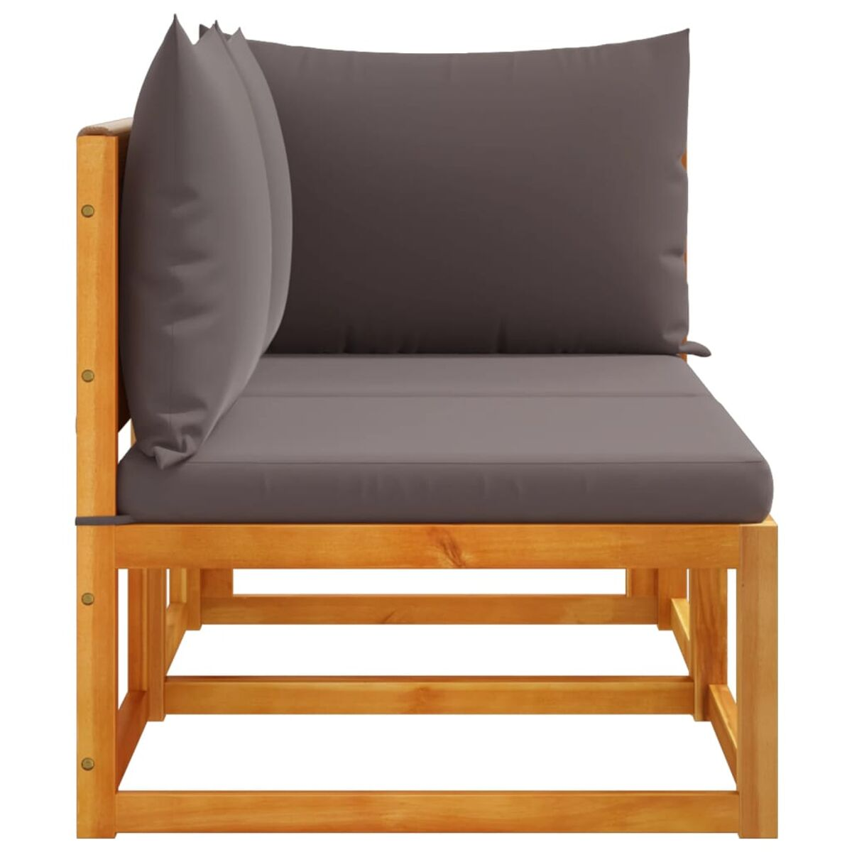 Ecksofa aus Holz mit grauem Kissen und Kissen. Weißer Hintergrund.