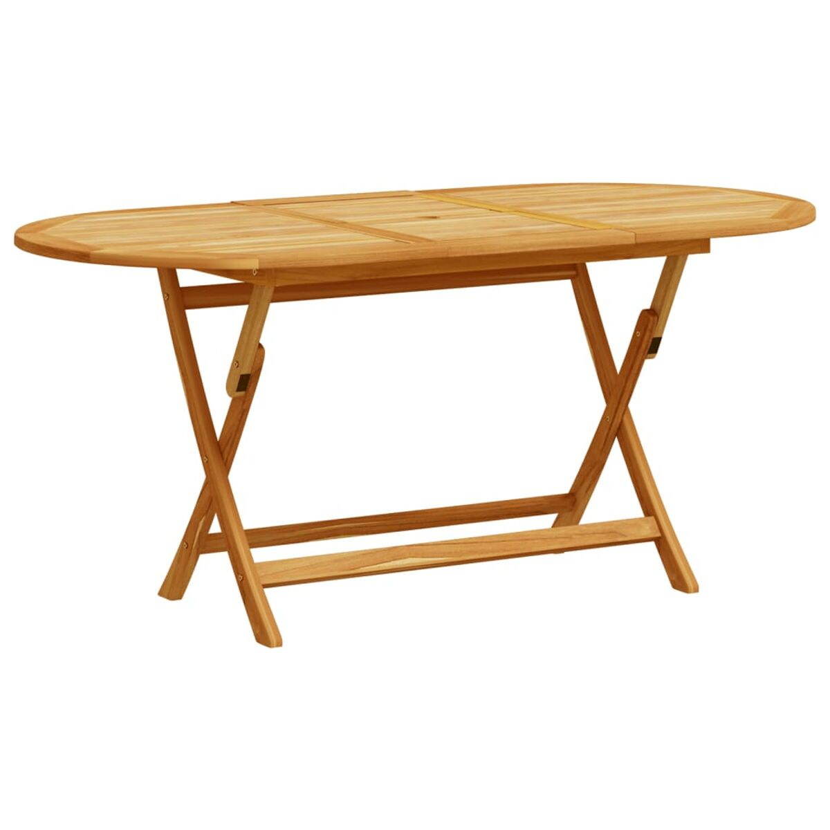 Ein ovaler, zusammenklappbarer Holztisch, mit Klappmechanismus sichtbar.