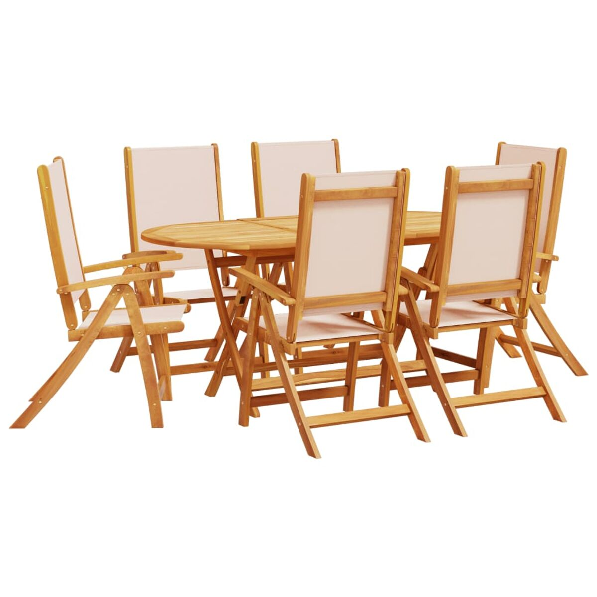 Essgruppe aus Holz für den Außenbereich. Enthält einen ovalen Tisch und sechs Stühle mit cremefarbenen Sitzen. Die Stühle haben ein Klappdesign.
