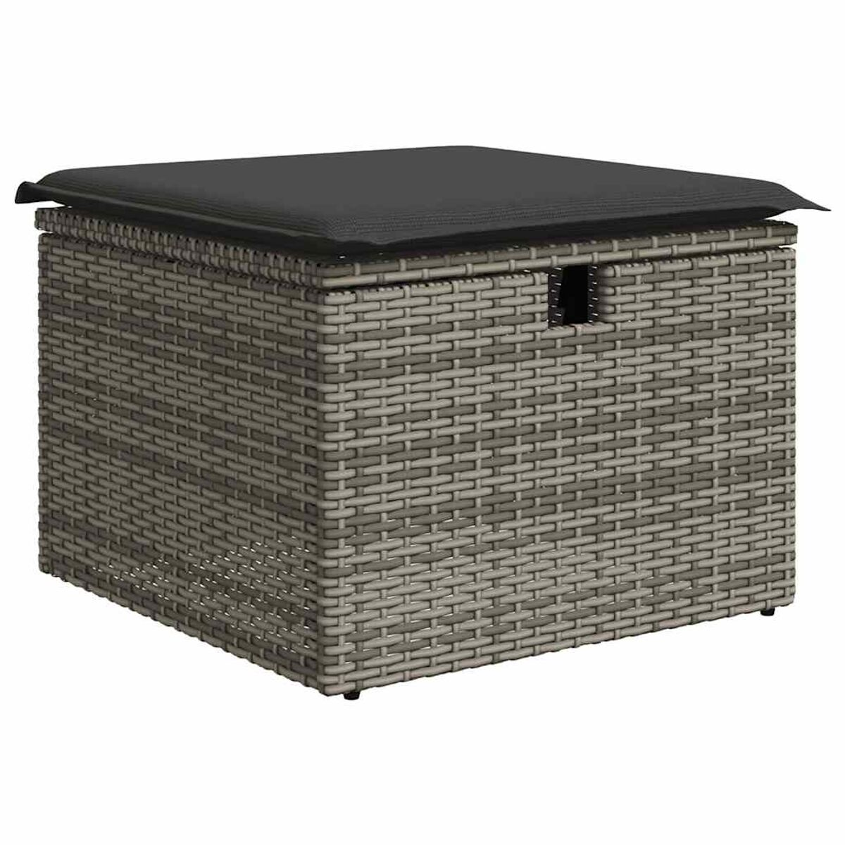 Un tavolo a cubo in vimini grigio con cuscino nero sopra.