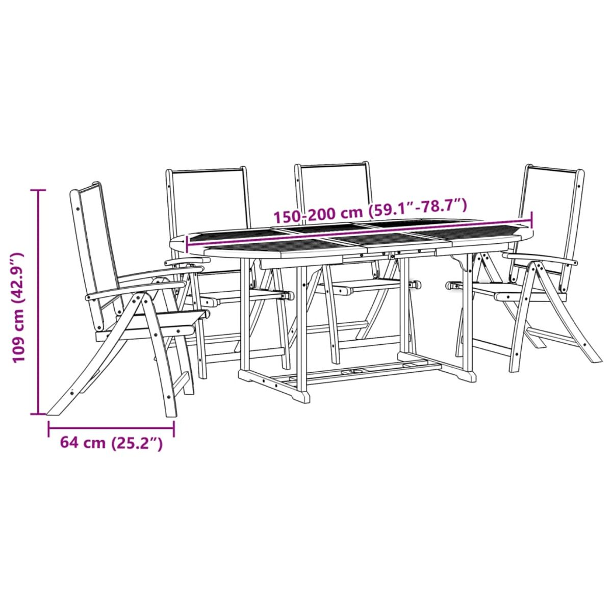 Tavolo da esterno in legno con quattro sedie. Tavolo lungo 150-200cm, sedie alte 109cm, larghe 64cm.