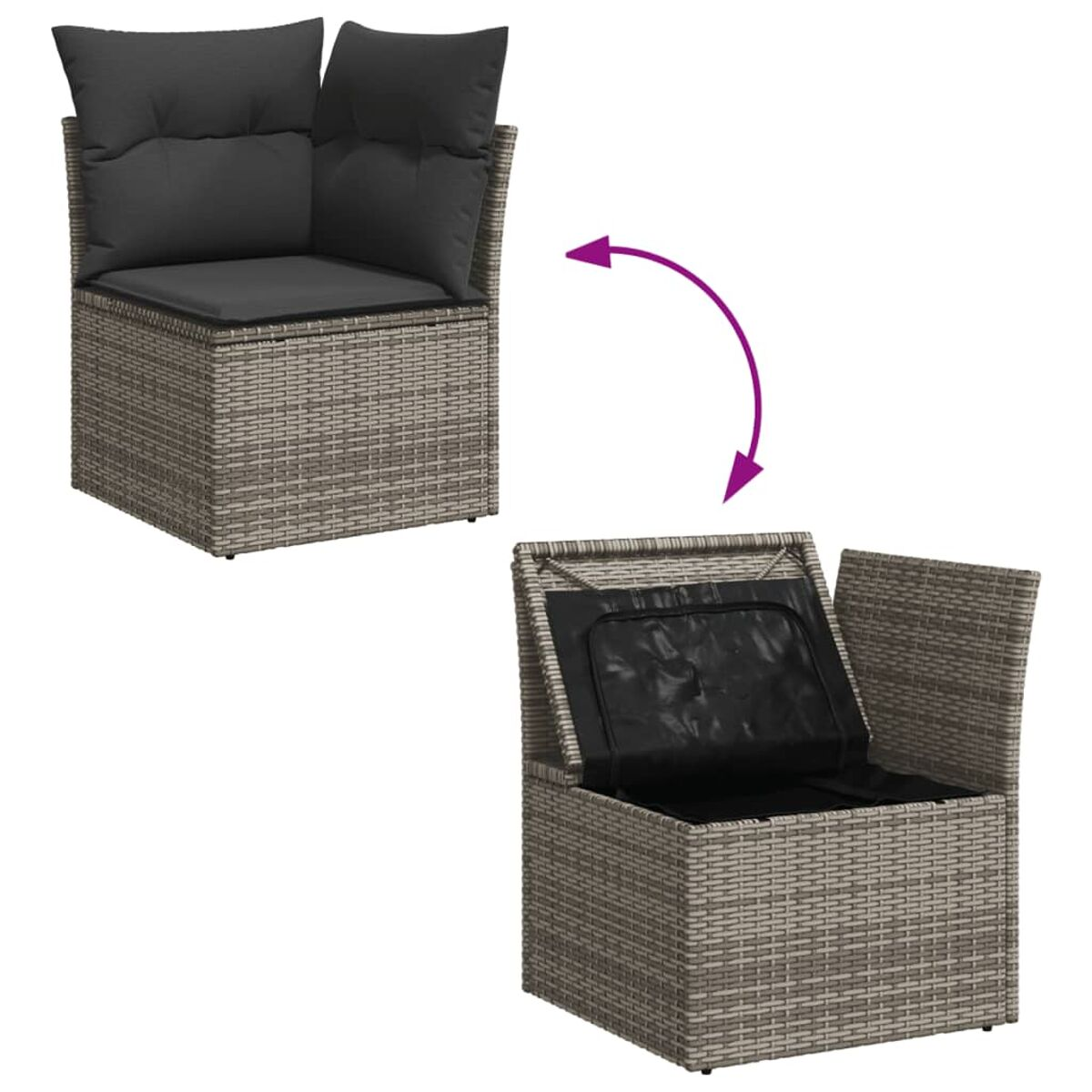 Rattan-Aufbewahrungsstuhl für draußen. Geschlossen und geöffnet, Stauraum sichtbar.