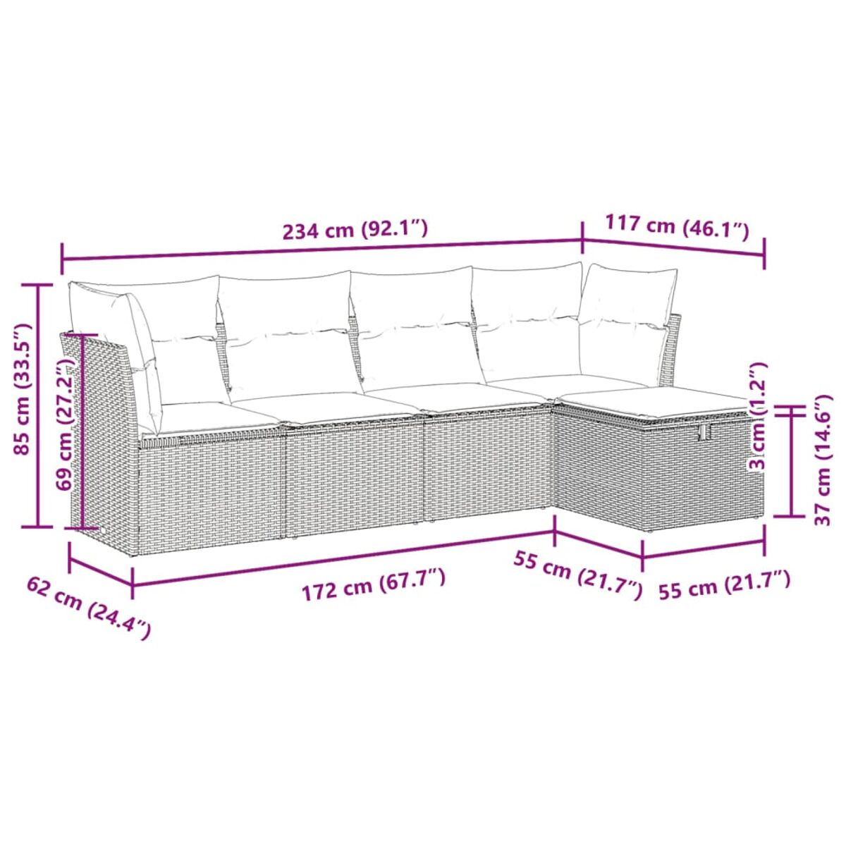 Diagramm eines Ecksofas mit Abmessungen, das das Layout zeigt.
