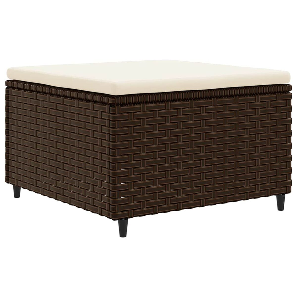 Pouff contenitore intrecciato marrone con cuscino color crema. Gambe nere.