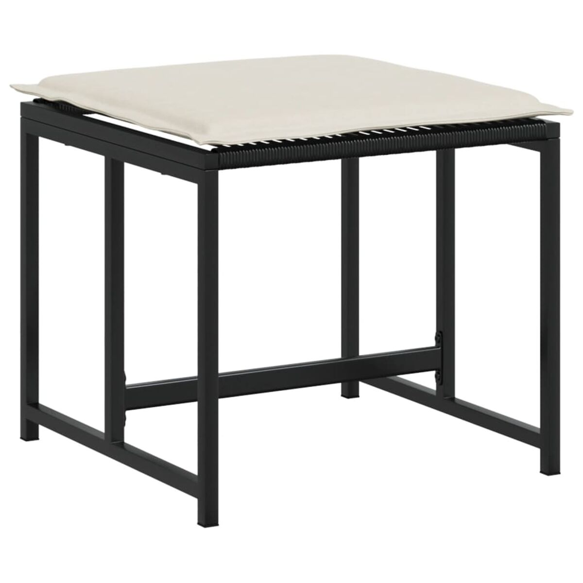 Hocker mit schwarzem Metallrahmen und weißem Kissen. Der Rahmen ist schlicht, das Design modern.