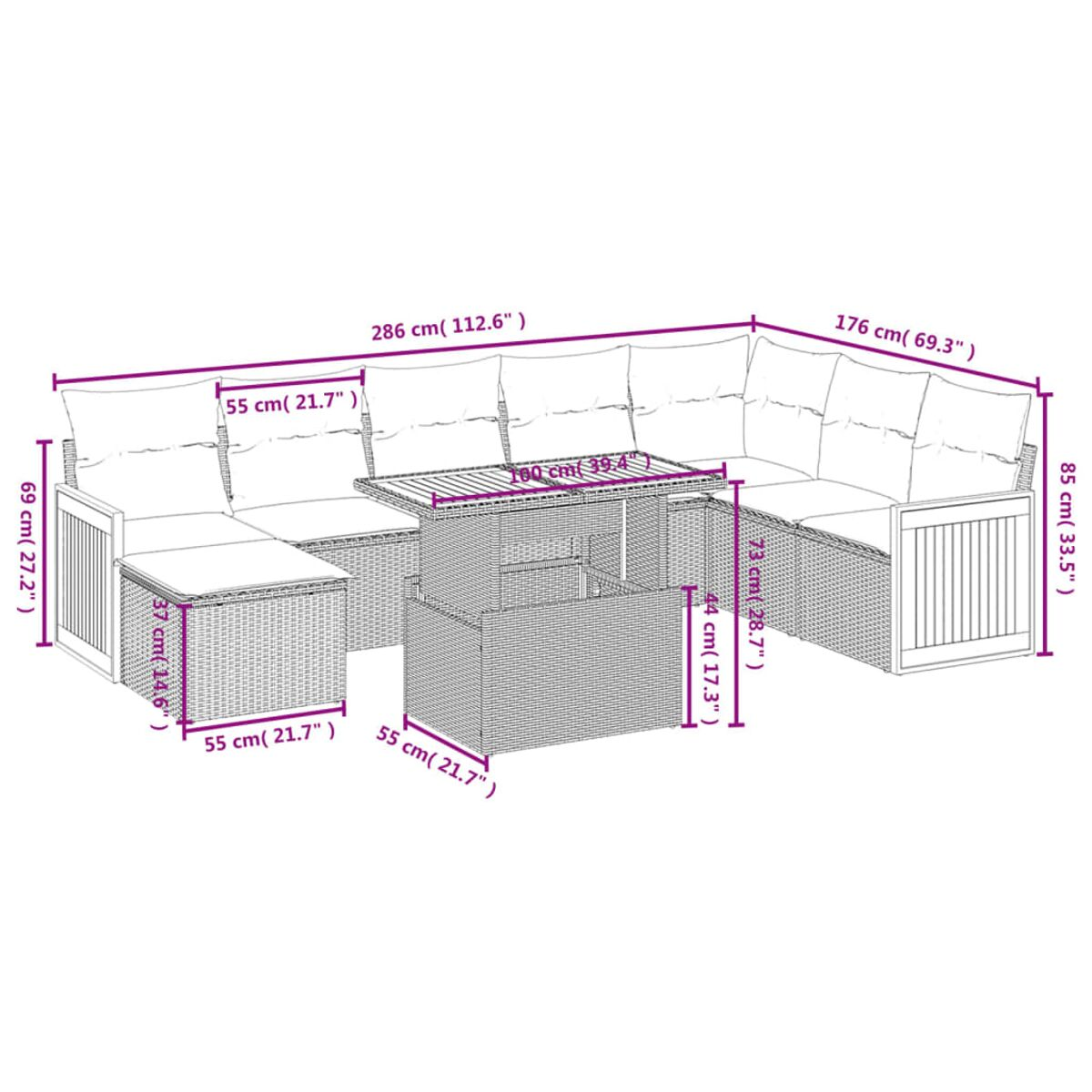Diagramm einer modularen Sitzgruppe im Freien, mit Maßen in cm und Zoll.