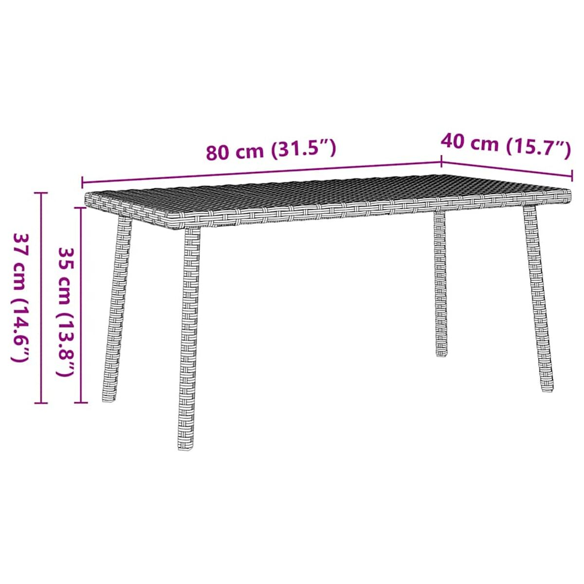 Rechteckiger Outdoor-Tisch mit Maßen. Aus Weide. Vier Beine, hellbraune Farbe.