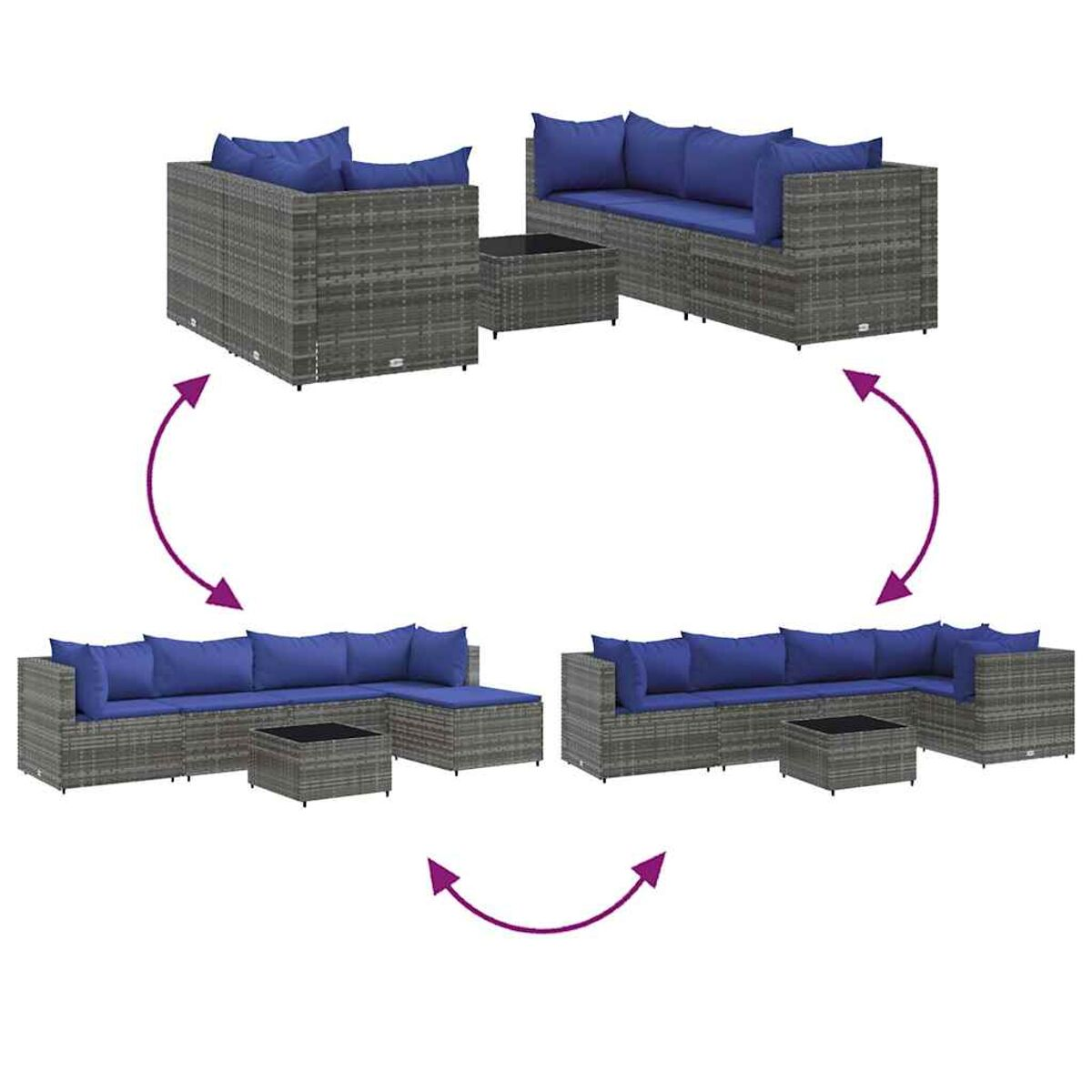 Un set di divani modulari, mostrato in tre diverse configurazioni, con cuscini blu e telai grigi.