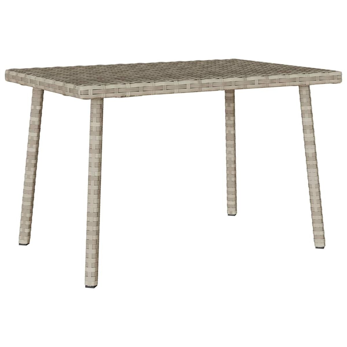 Rechteckiger Outdoor-Couchtisch mit gewebtem Design und Beinen. Der Tisch hat einen neutralen Ton.