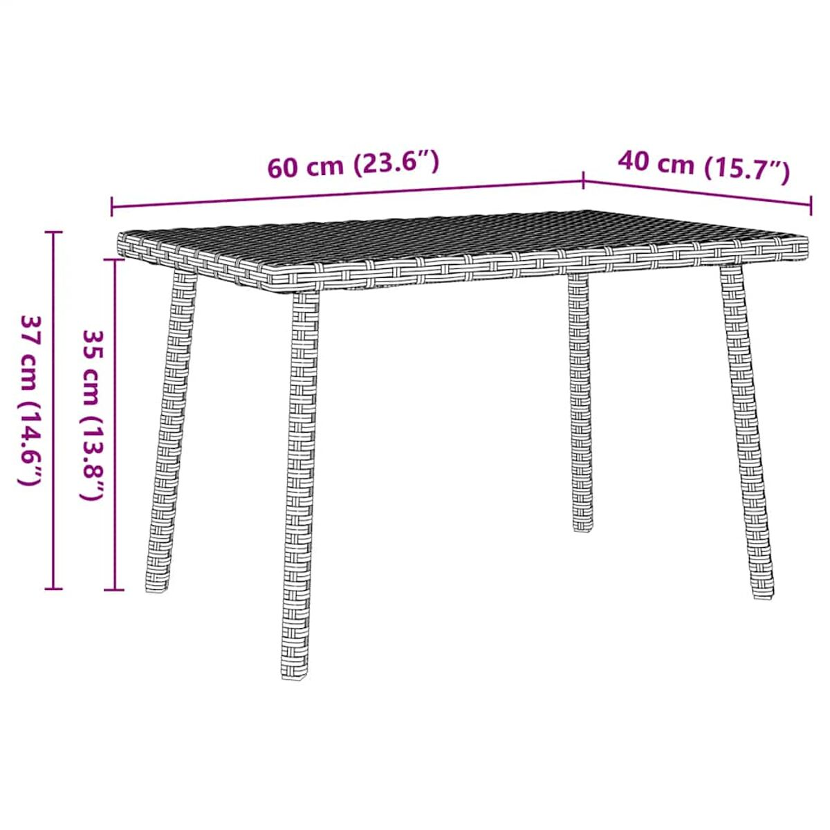 Ein kleiner, quadratischer Rattantisch mit Abmessungen in cm und Zoll beschriftet.