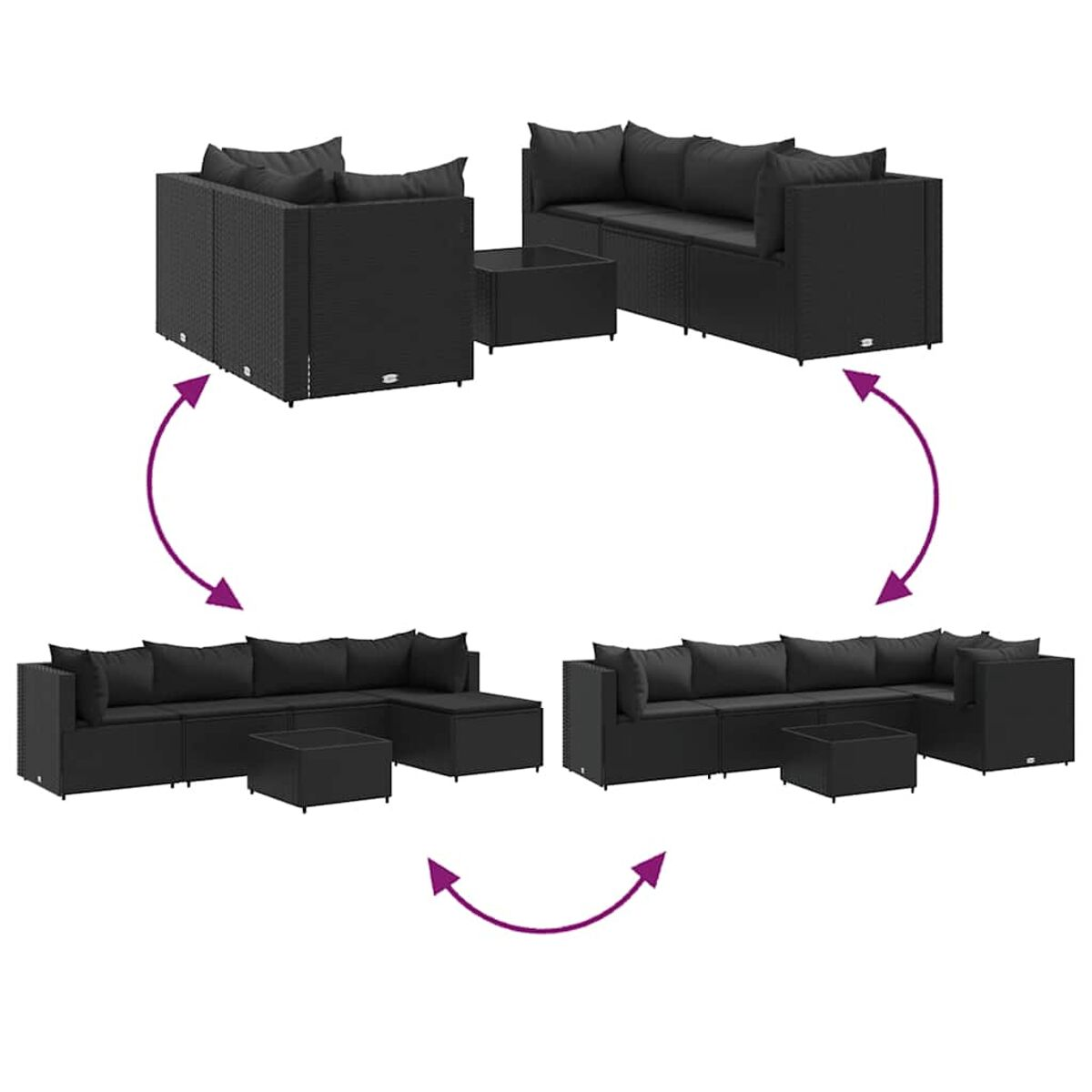 Diagramm mit verschiedenen Konfigurationen für ein schwarzes Rattan-Outdoor-Sofaset mit Tisch.