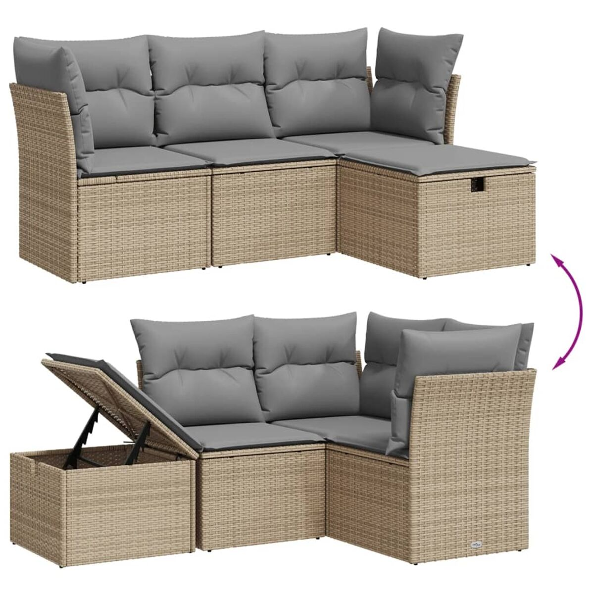 Ecksofa für den Außenbereich mit Stauraum, wobei der Stauraum in einem Bereich offen ist.