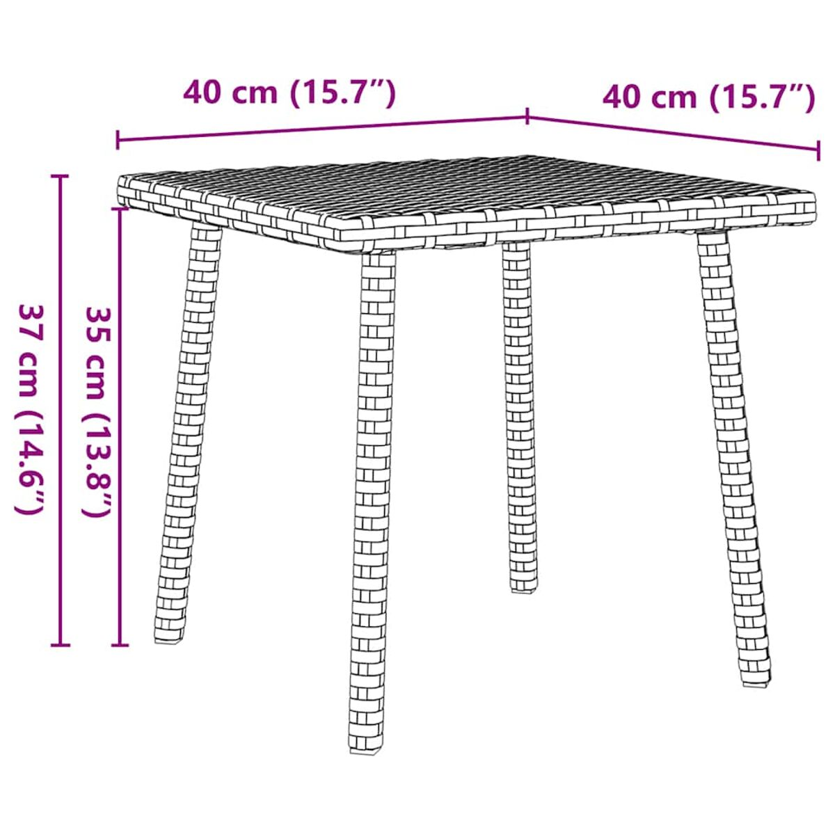 Quadratischer gewebter Outdoor-Tisch mit Abmessungen. Der Tisch hat vier Beine.