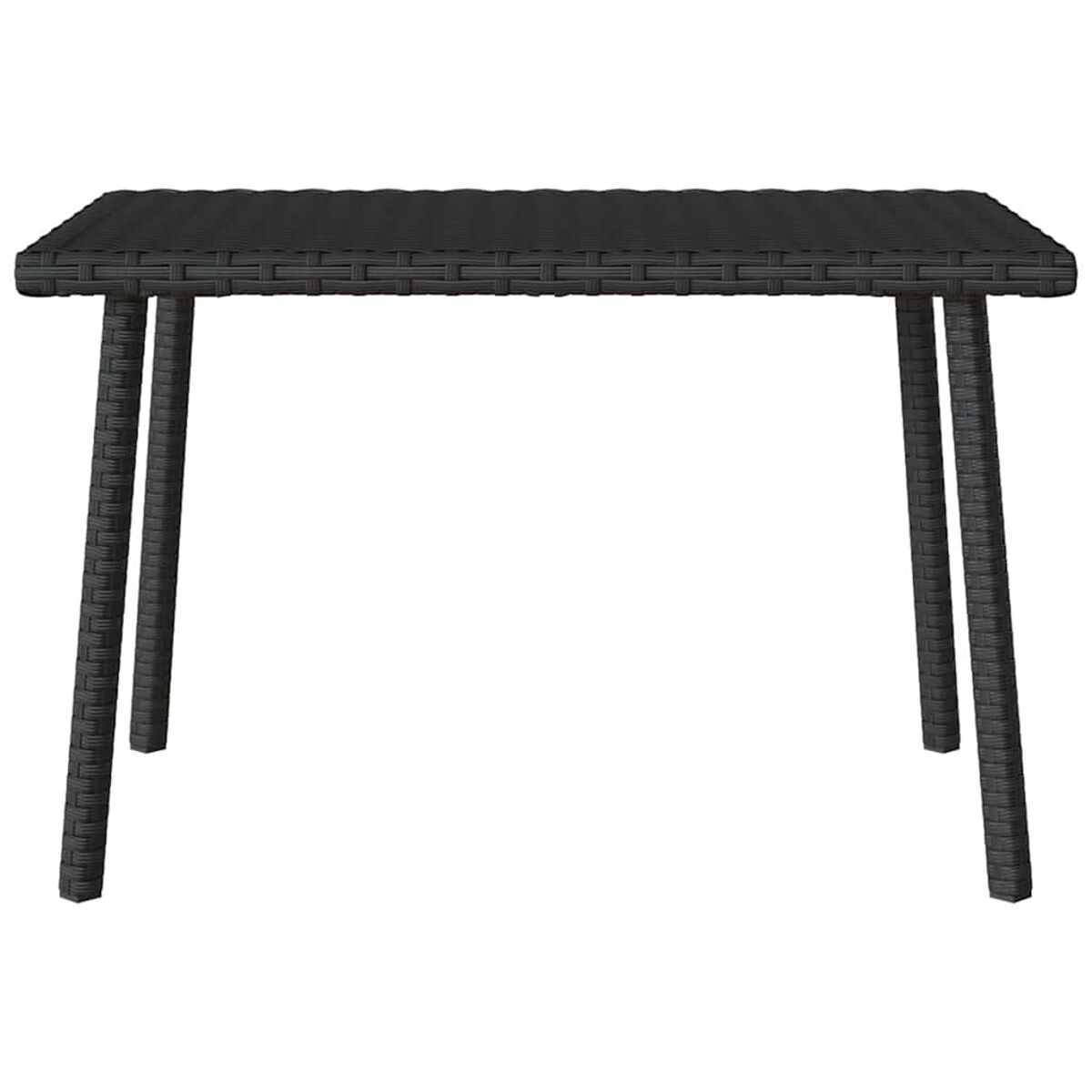 Schwarzer rechteckiger Tisch aus gewebtem Material. Vier Beine. Schlichtes, modernes Design.