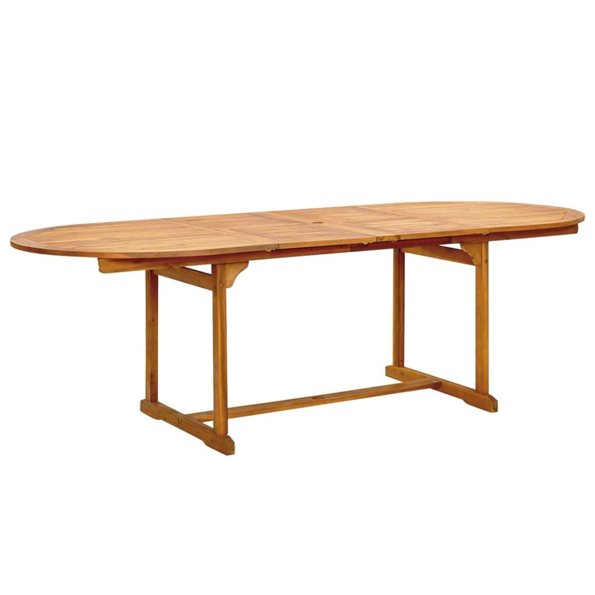Tavolo ovale in legno. Vista dall'alto. Legno marrone con superficie liscia. Ha un foro al centro.