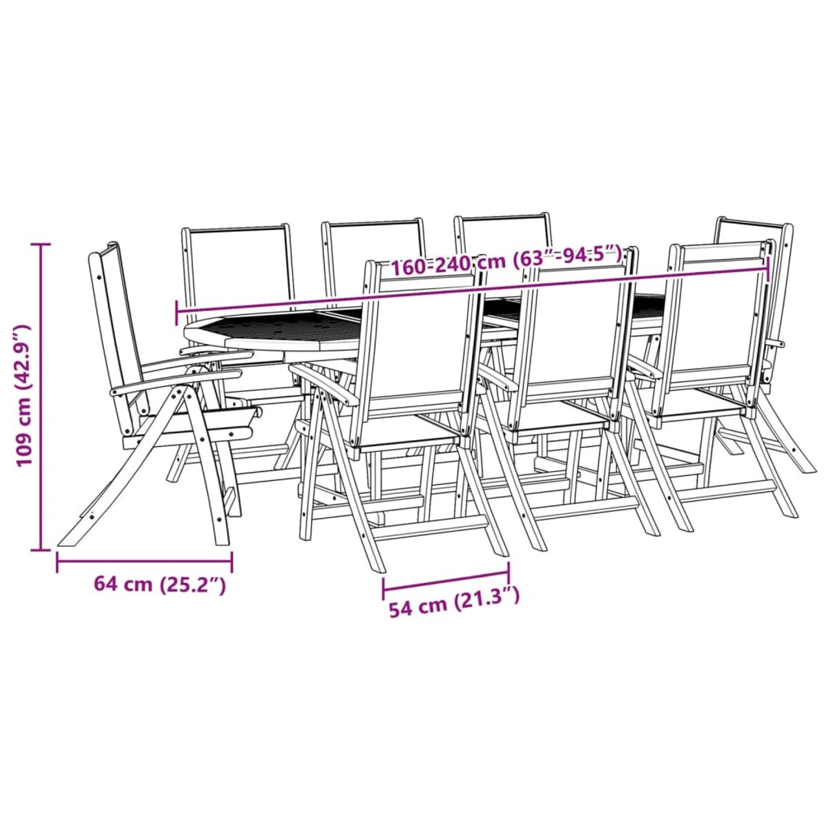 Set da pranzo all'aperto con tavolo e sedie con dimensioni etichettate in cm.