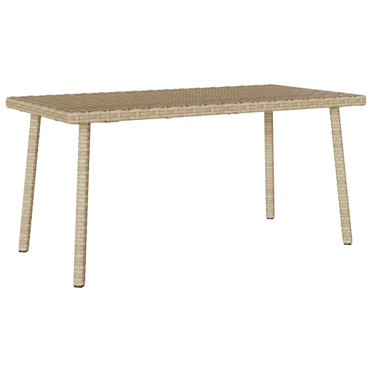 Un tavolo rettangolare in vimini beige con quattro gambe su sfondo bianco.