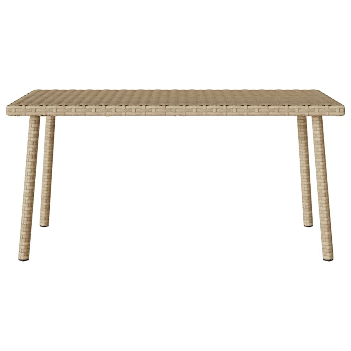 Tavolo rettangolare in rattan beige. Quattro gambe sottili, superficie liscia. Sfondo bianco.