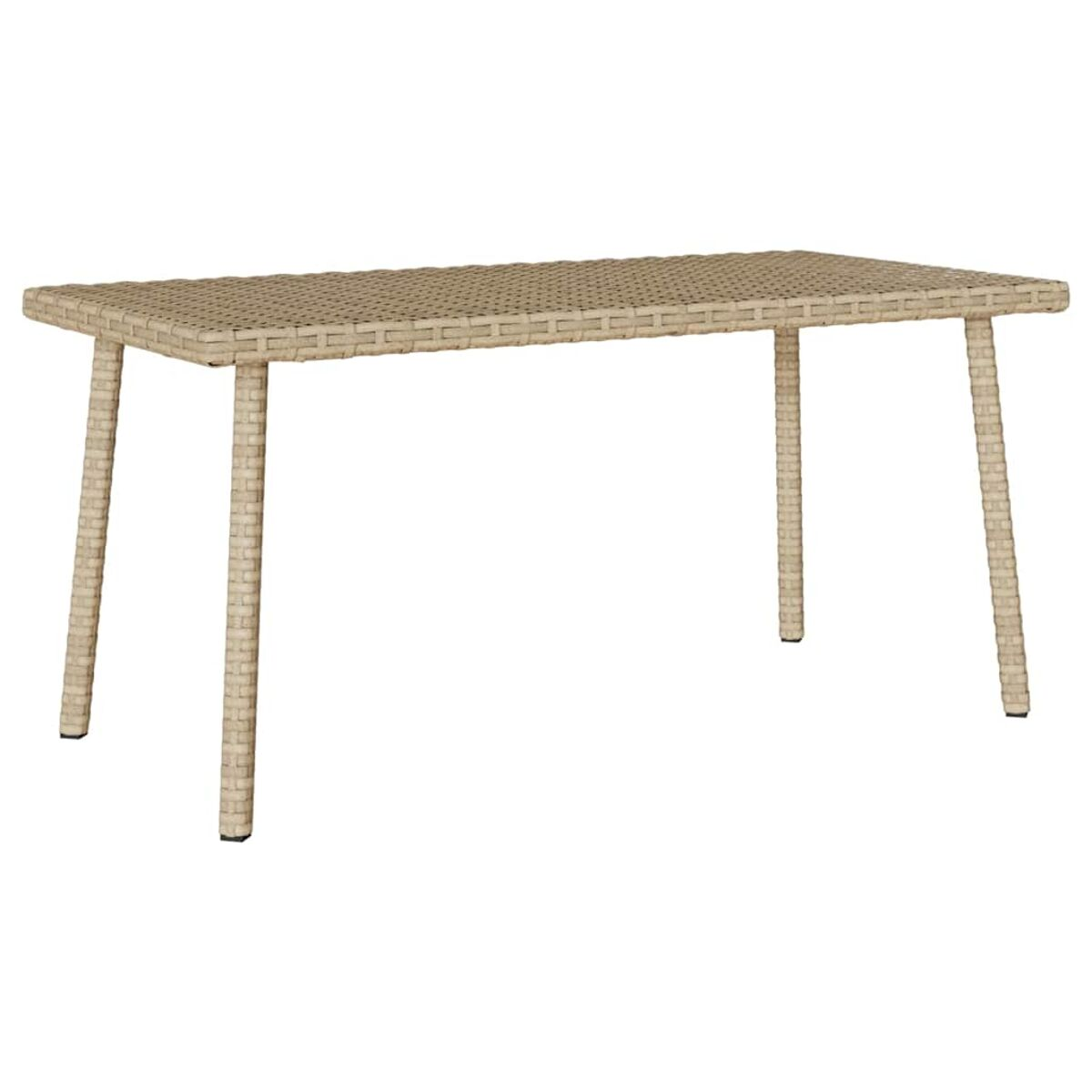 Tavolo da esterno beige intrecciato su bianco. Rettangolare, con quattro gambe.