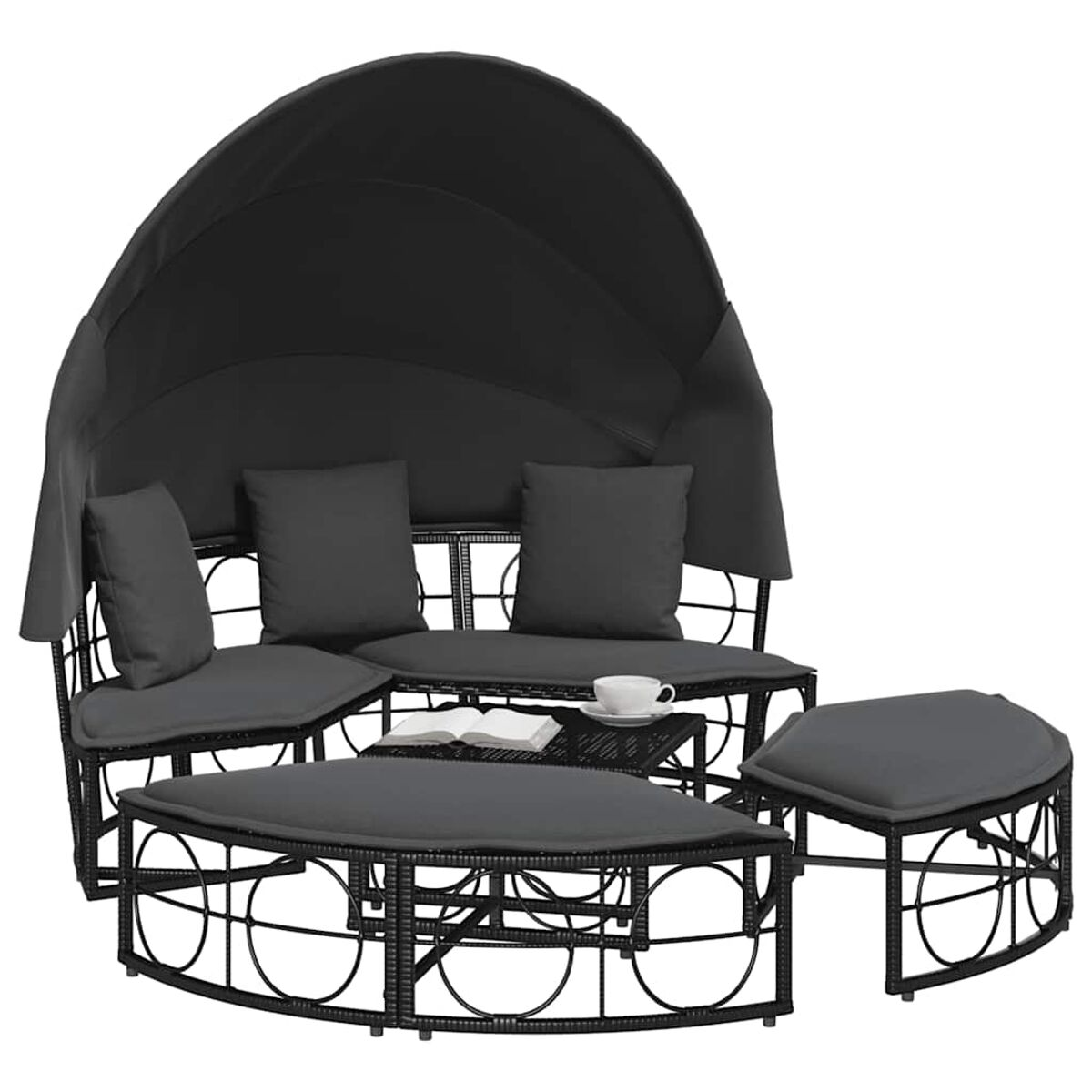 Set di mobili da esterno neri con tenda da sole, divano, sedie e tavolino.