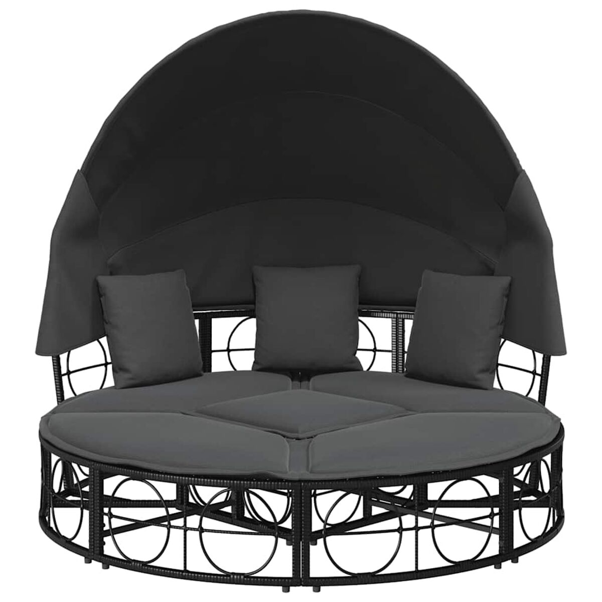 Lettino rotondo nero per esterni con baldacchino e cuscini. Il letto è su sfondo bianco.