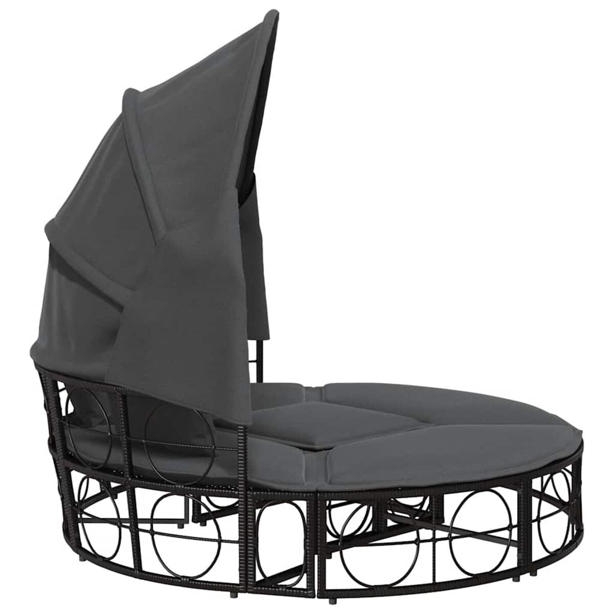 Un lettino grigio scuro con una tenda da sole curva, su sfondo bianco.