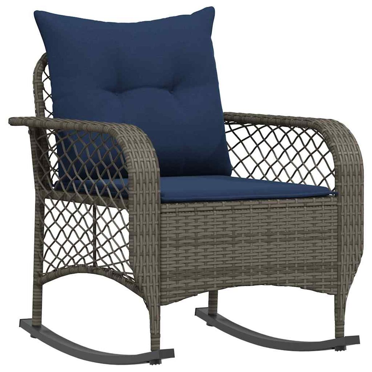 Sedia a dondolo in vimini grigio con cuscino e schienale blu navy.