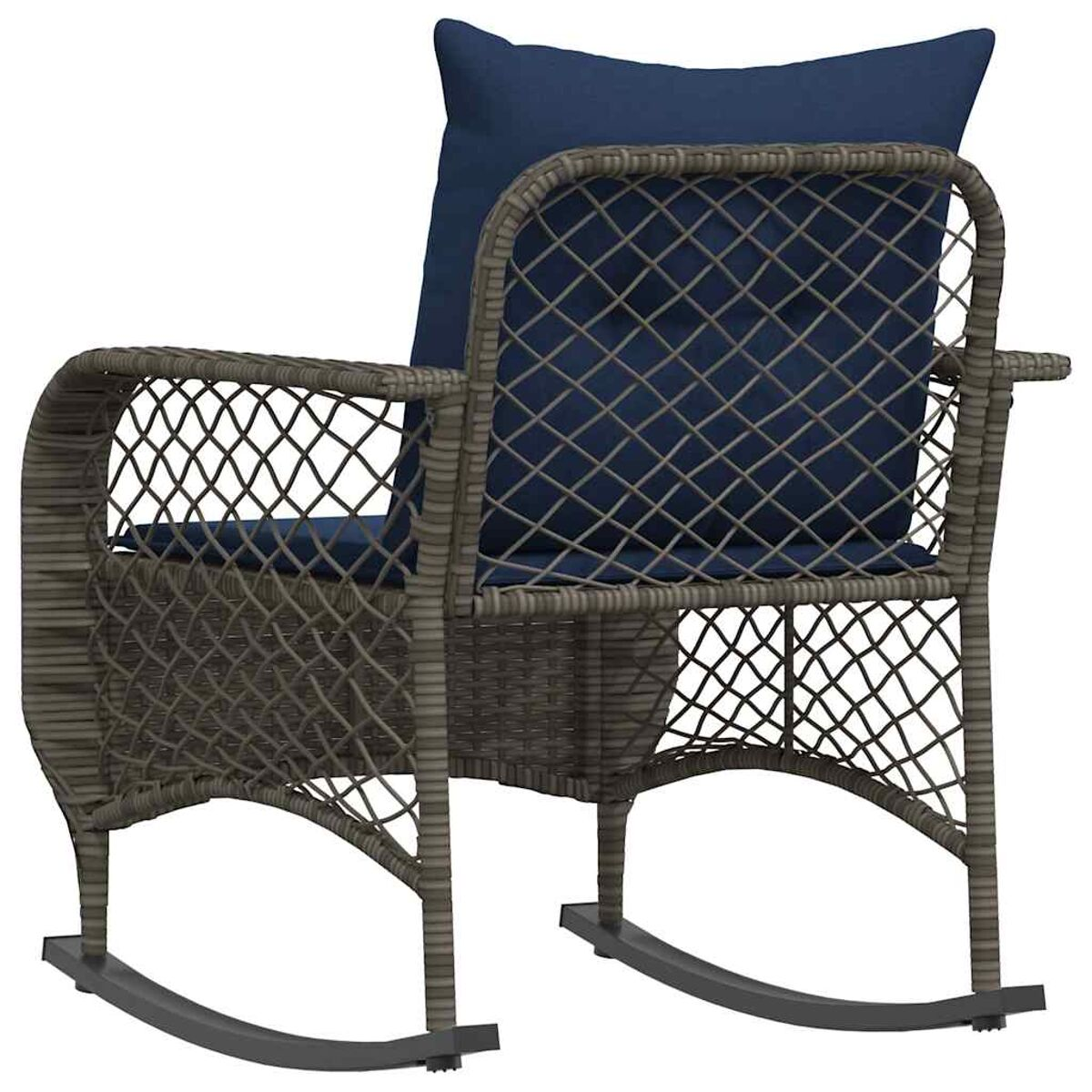 Sedia a dondolo intrecciata con cuscino blu. Struttura grigia, con dondoli curvi.