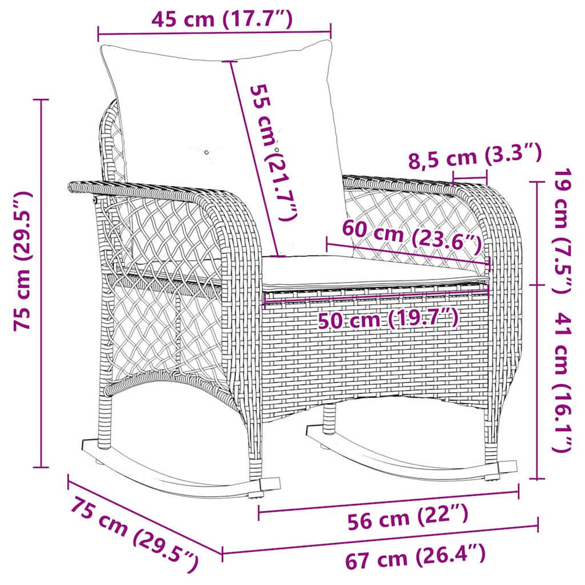 Diagramma di una sedia a dondolo in vimini con dimensioni etichettate in cm e pollici.