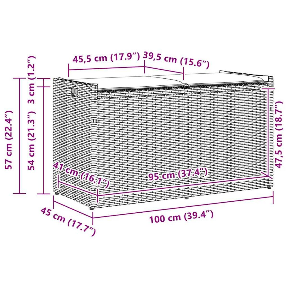 Un contenitore rettangolare in vimini con dimensioni etichettate, piano con cuscino bianco.
