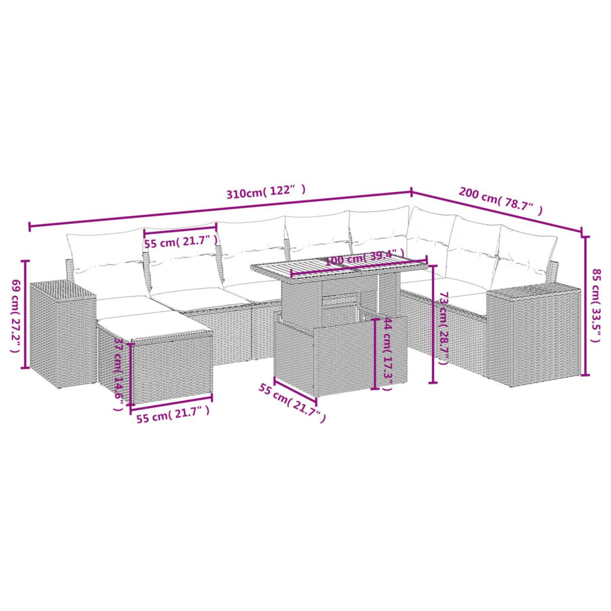 Mobili da esterno in rattan con dimensioni etichettate in cm e pollici.