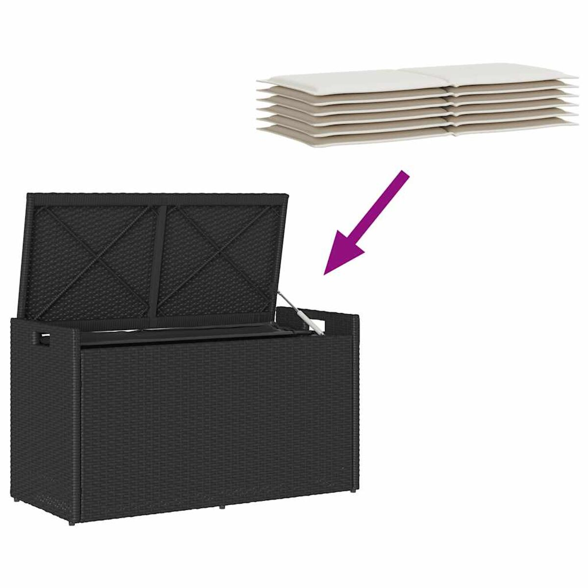 Contenitore in vimini nero con coperchio aperto. Freccia verso pila di cuscini. Sfondo bianco.