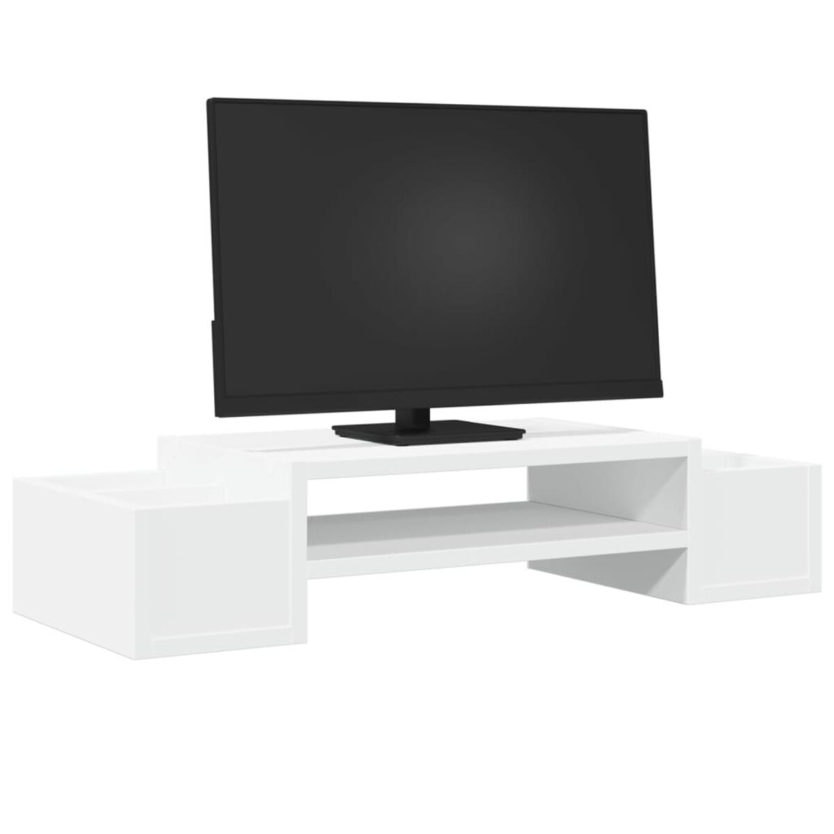 Ein weißer TV-Ständer mit einem schwarzen Fernseher oben. Der Ständer hat Staufächer und ein Regal.