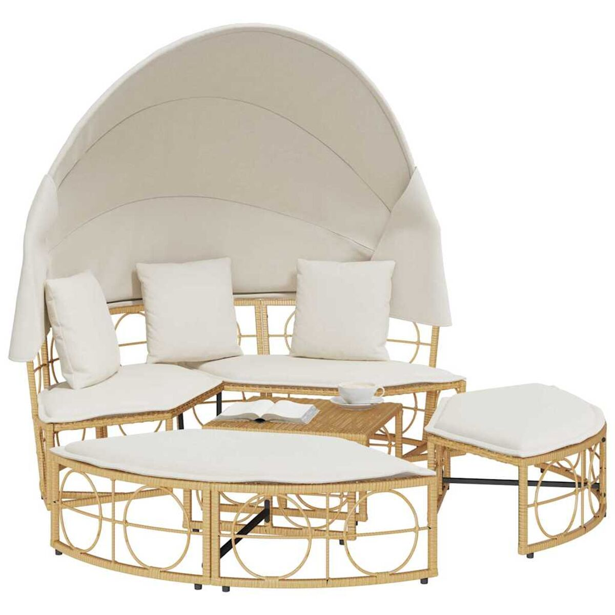 Set di mobili da patio con tendalino. Divano in rattan, tavolo e pouf. Cuscini bianchi. Giorno di sole.