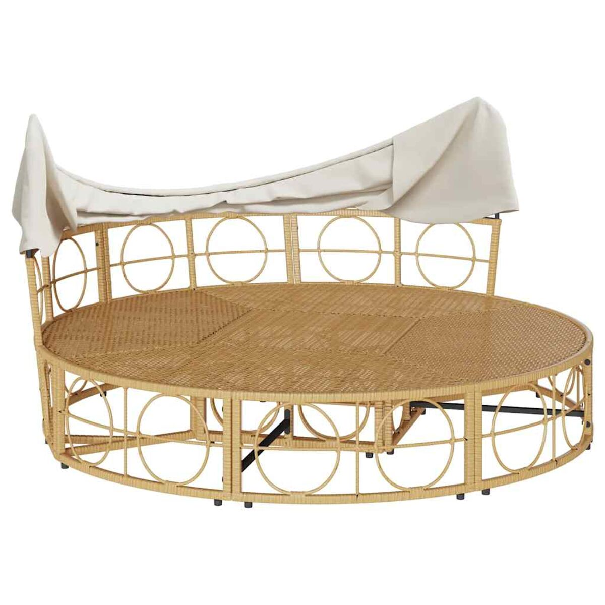 Lettino rotondo e intrecciato con baldacchino. Colore marrone chiaro e design circolare.