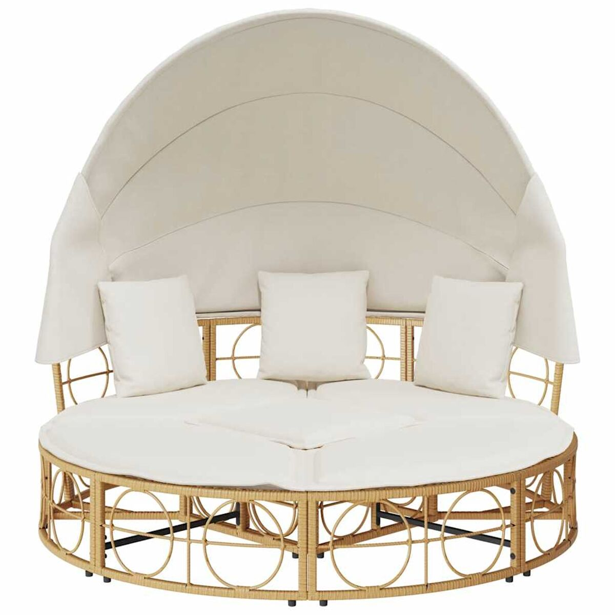 Un divano letto circolare da esterno con baldacchino e cuscini, su una struttura in vimini, color crema.