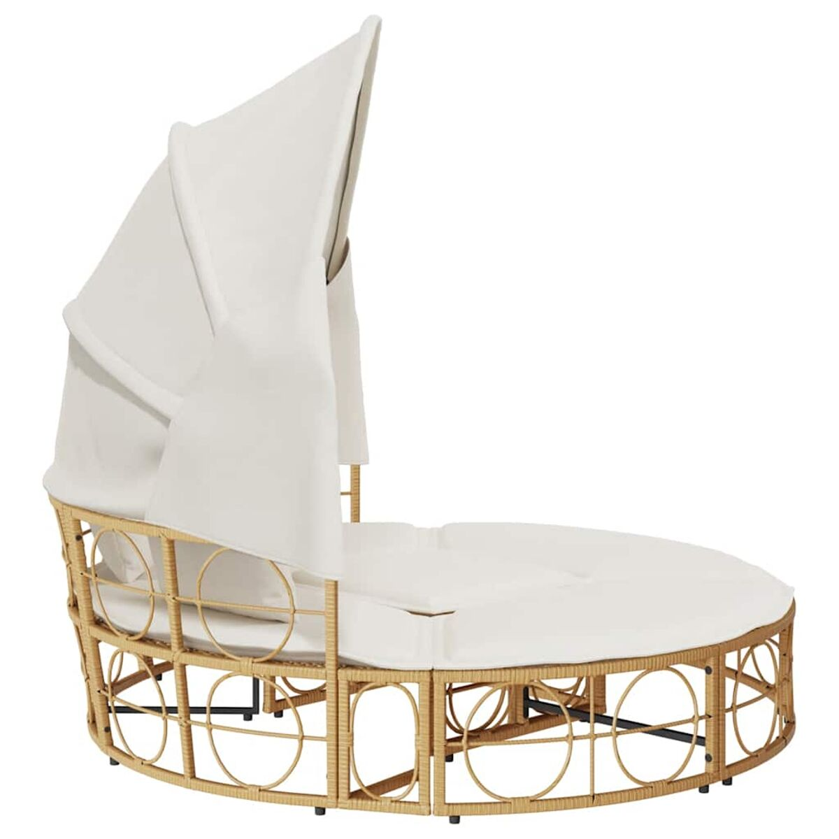 Un lettino rotondo all'aperto con un baldacchino.