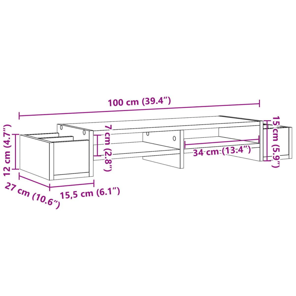 Ein niedriger Holztisch mit Maßangaben in Zentimetern und Zoll.