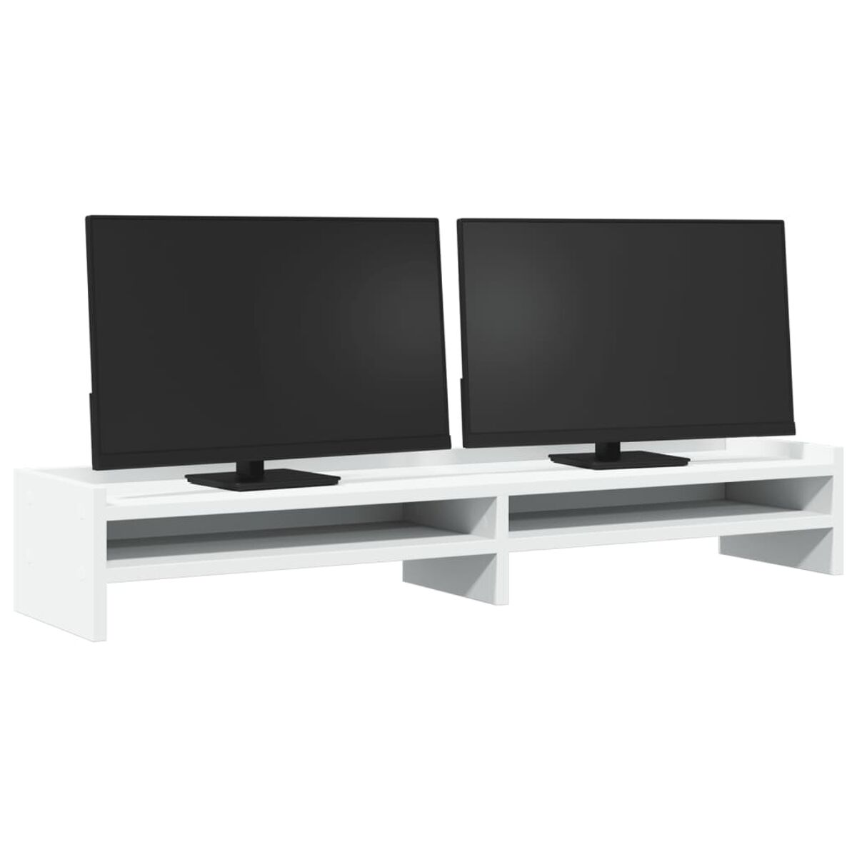 Weißer TV-Ständer mit zwei schwarzen Monitoren.