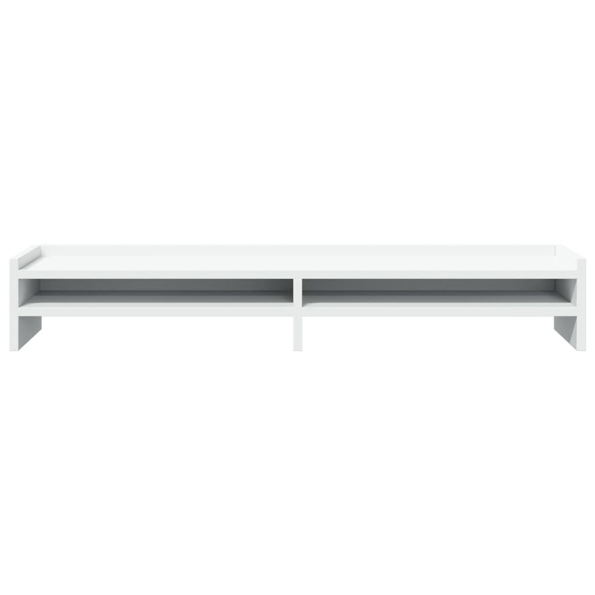Weißes, langes, niedriges Regal mit zwei offenen Fächern. Schlichtes Design. Weißer Hintergrund.