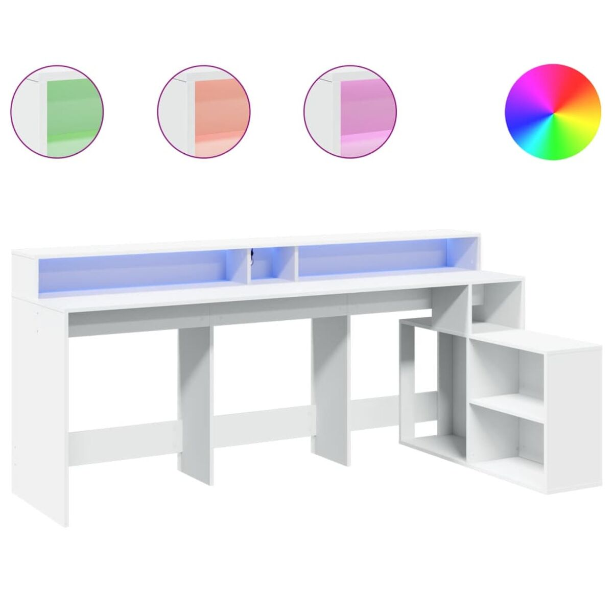 Weißer Schreibtisch mit Regalen und farbigen Lichtoptionen. Weißer Hintergrund.