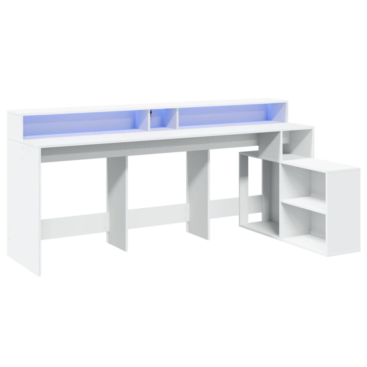 Weißer Schreibtisch mit blauen LED-Leuchten, mit Regalen und Seitenteil.